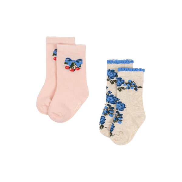 2er-Pack Jacquard-Socken mit Blumen- und Kirschmuster, amarena/tramonto, Konges Sl&oslash;jd
