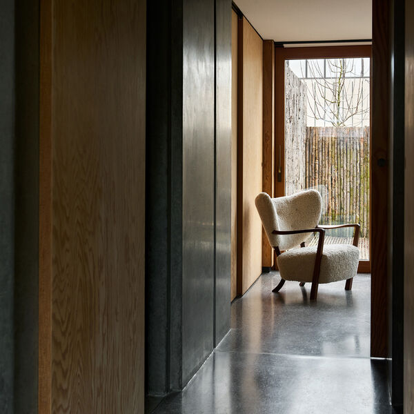 Wulff ATD2 Lounge Chair and ATD3 Pouf, sheepskin moonlight/oiled walnut, &Tradition