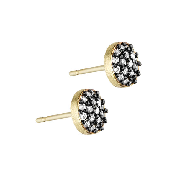 Mia round post earring, gold plated/black front and zircons, Pure by Nat