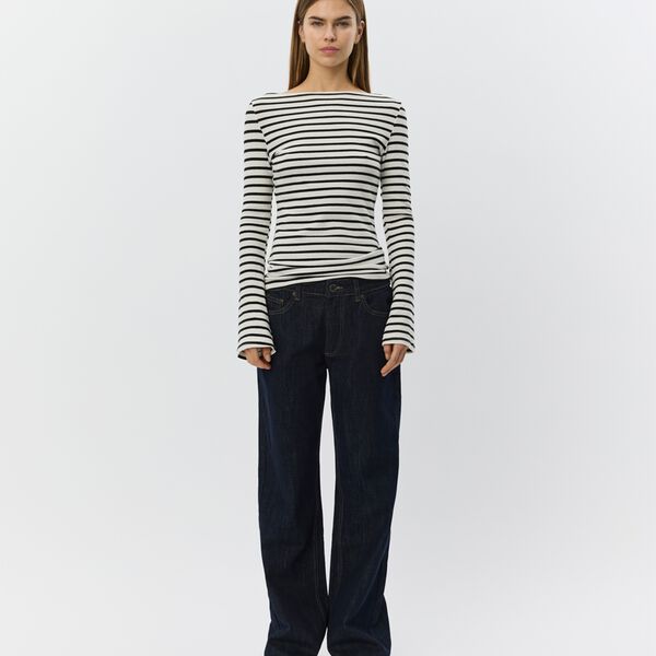 CeceSW Langarm-T-Shirt mit U-Boot-Ausschnitt, white black striped, Sofie Schnoor