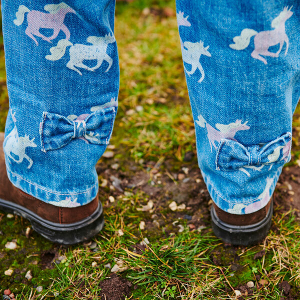 Bio-Hose mit Rüschenbund und Einhorn-Print, indigo blue washed w. unicorn, Copenhagen Colors Organics