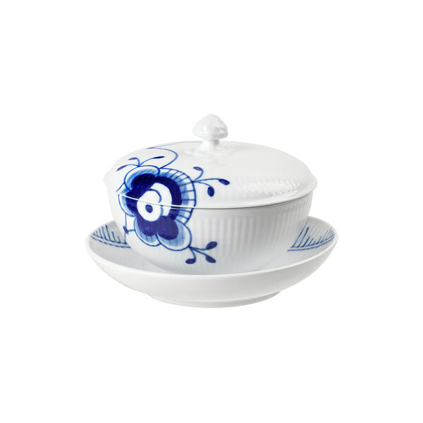 Blaue mega-geriffelte Schale mit Deckel und Untertasse 38 cl, Royal Copenhagen