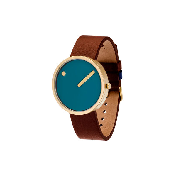 PICTO Wrist Watch, dusty blue/matt gold/chocolate brown, Picto