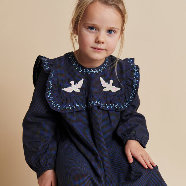 Kariertes Kleid mit Stickerei und Rüschen, brown/blue check comb., Copenhagen Colors Organics