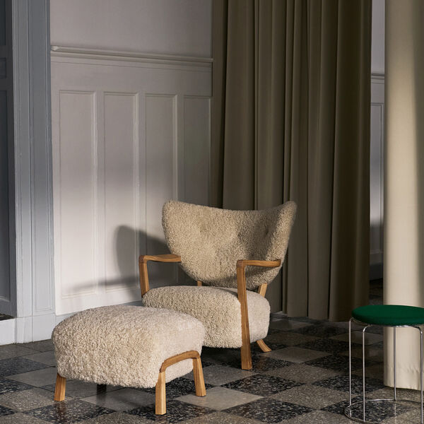 Wulff ATD2 Lounge Chair and ATD3 Pouf, sheepskin moonlight/oiled oak, &Tradition