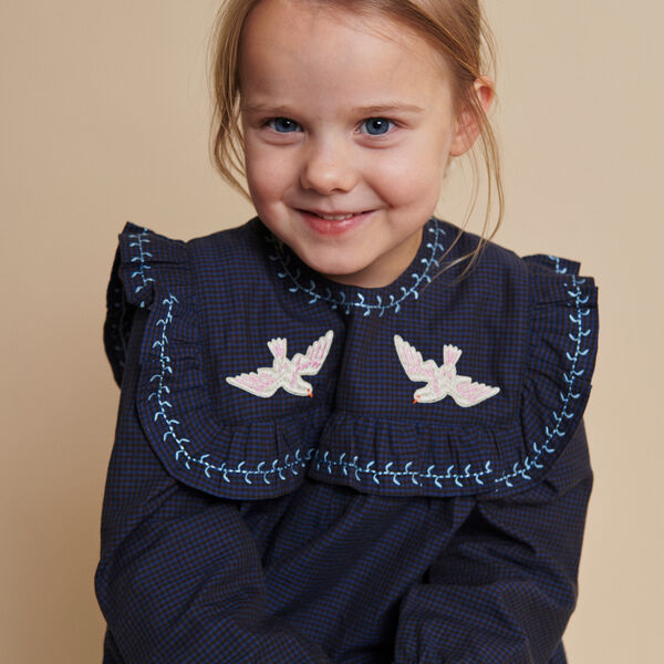 Kariertes Kleid mit Stickerei und Rüschen, brown/blue check comb., Copenhagen Colors Organics