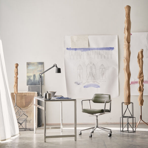 VIPP453 Swivel+-Stuhl mit Rollen, Bosco-Grün/poliertes Aluminium, Vipp