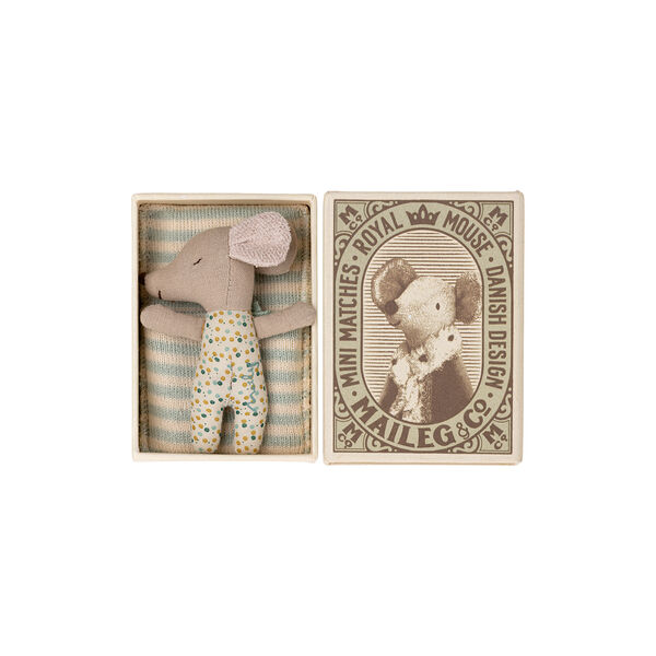 Schlaf-/Wach-Babymaus in Streichholzschachtel, blau, Maileg