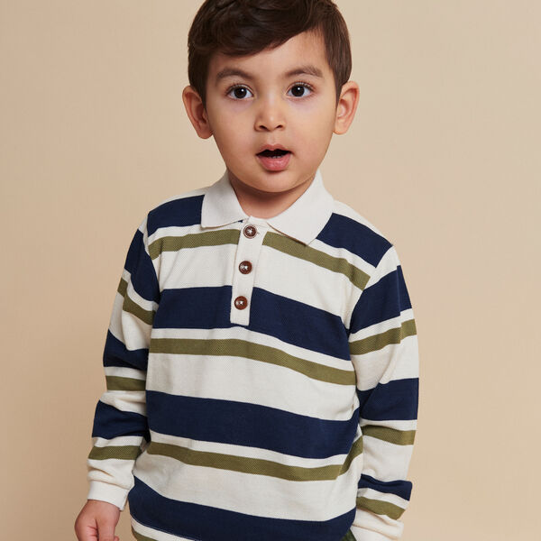 Gestreiftes Piqu&eacute;-Poloshirt mit langen &Auml;rmeln, green combi, Copenhagen Colors Organics