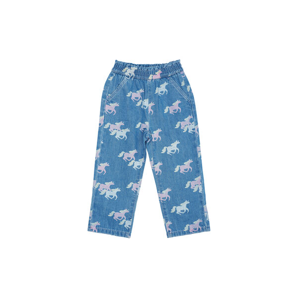 Bio-Hose mit Rüschenbund und Einhorn-Print, indigo blue washed w. unicorn, Copenhagen Colors Organics