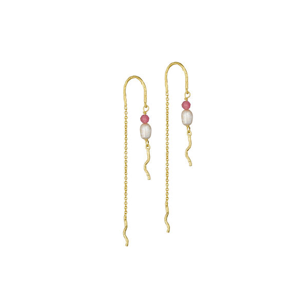 Chain Earrings with Natural Stone and Pearl, gold/pink tourmaline, Pure by Nat
