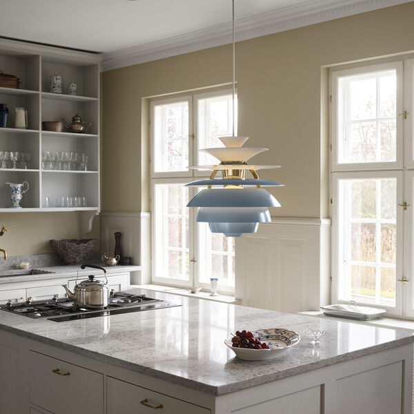 PH Snowball, dusty blue/brass metallised, Louis Poulsen