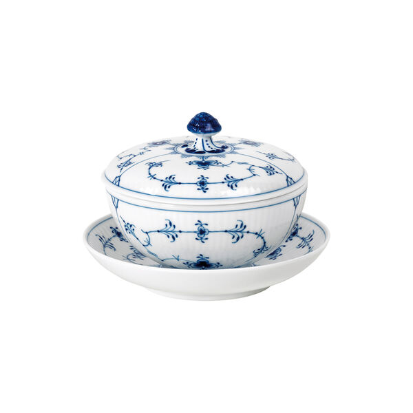 Musselmalet Riflet Schale mit Deckel und Untertasse 38 cl, Royal Copenhagen