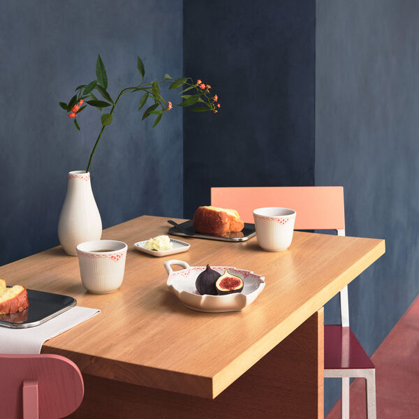 Korallenfarbene, geriffelte, blattf&ouml;rmige Asiette mit Spitzenmuster, 23 cm, Royal Copenhagen